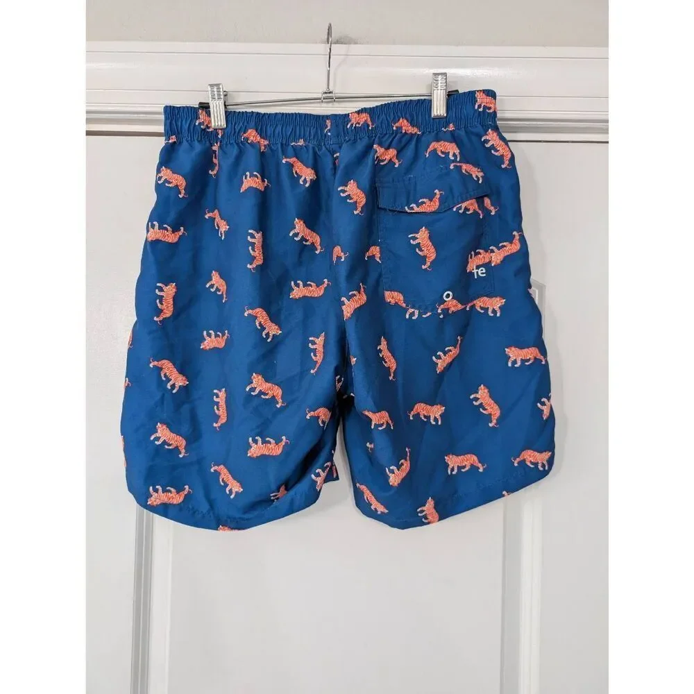 Tipsy Elves Tiger Swim Trunks men's large blue orange short Pull on novelty